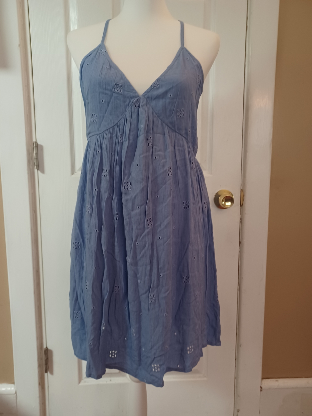 O'Neill Kenzie Open Back Babydoll Boho Mini Dress Blue Eyelet Size S Beachy